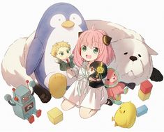 an anime character surrounded by stuffed animals and other toys, including a penguin with pink hair