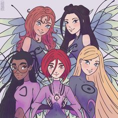 four girls with long hair are standing together in front of a butterfly wings background, and the girl is surrounded by other women