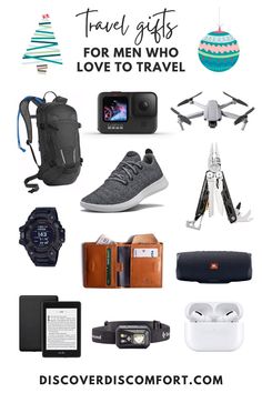 gifts for men who love to travel with text overlay that reads, christmas gifts for men who love to travel