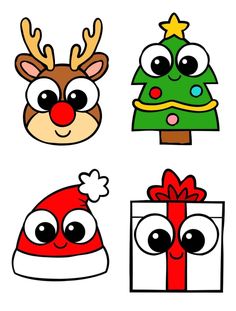 four different types of christmas hats with eyes and nose designs on them, one has a santa