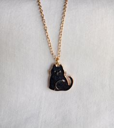 Cute black cat pendant necklace/gold plated black cat enamel/gold plated cable chain/nice gift for any person who loves black cats Cute Cat Necklace, Gold Cat Design Charm Necklace As Gift, Gold Charm Necklace With Cat Design As Gift, Gold Charm Necklace With Cat Design For Gift, Black Cat Jewelry, Cat Necklace Gold, Black Cat Necklace, Cat Lover Birthday, Black Pendant Necklace