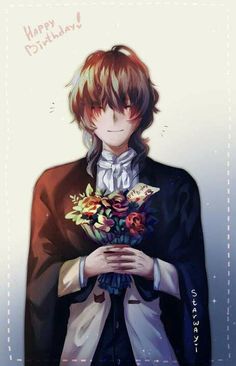 an anime character holding a bouquet of flowers