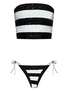 black/white stretch-design two-tone design horizontal stripe pattern sequin embellishment strapless side-tie bottoms Be mindful to try on swimwear over your own garments. Best Wallet, Bandeau Top, Black Swimsuit, Shirt Accessories, Top Shoes, Lace Up Shoes, Pump Shoes, Try On, Tom Ford