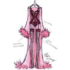 a drawing of a dress with pink feathers on the bottom and red trimmings