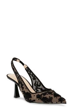 Glossy beads and delicate embroidery enrich the mesh upper of an elegant slingback pump framed by a pointy toe and flare heel. 3" heel Elasticized slingback strap Cushioned footbed Textile upper/synthetic lining and sole Imported Delicate Embroidery, Slingback Pump, Black Fits, Pump Shoes, Women's Pumps, Betsey Johnson, Nordstrom, Pumps, Mesh