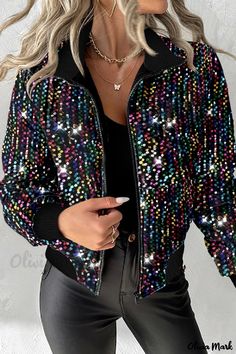 OliviaMark - Stylische Kragen-Reißverschluss-Oberbekleidung mit Pailletten-Patchwork Trendy Black Outerwear With Sequins, Trendy Black Sequined Outerwear, Casual Party Outerwear, Trendy Multicolor Sequined Outerwear, Black Retro Party Outerwear, Retro Black Party Outerwear, Casual Multicolor Outerwear For Party, Retro Winter Party Outerwear, Retro Spring Outerwear For Party