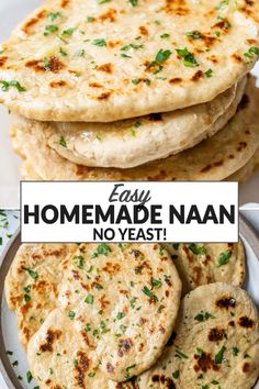 homemade naan bread on a plate with text overlay that reads easy homemade naan no yeast