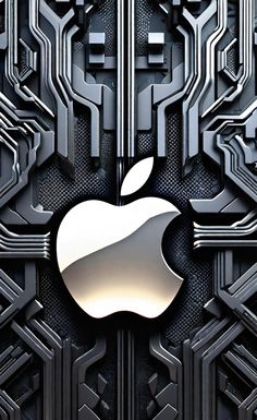 an apple logo is shown on the side of a computer circuit board wallpapered in black and silver