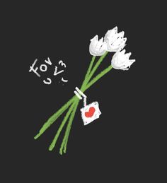 some white flowers and a red heart on a black background with the word love spelled in japanese