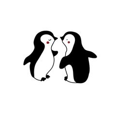 two penguins kissing each other on a white background