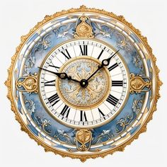 an ornate blue and gold clock with roman numerals on the face, set against a white background