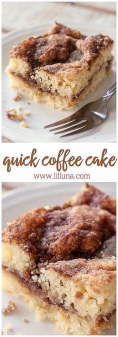 two pictures of coffee cake on a plate