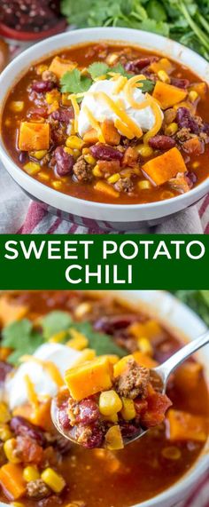 two bowls of sweet potato chili with sour cream on top and the same bowl in front