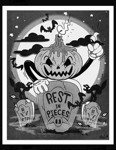 a black and white drawing of a jack - o'- lantern with tombstones