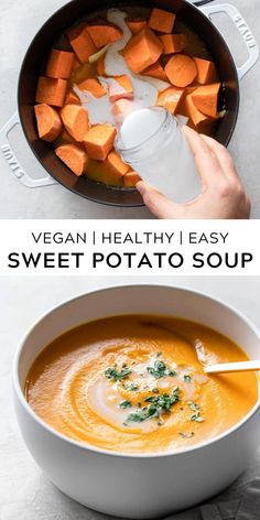 a bowl of soup with carrots and cream in it, next to an image of sweet potato soup