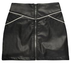 Super soft and luxurious vegan leather high-waisted skirt, fully lined. Exposed frontal silver hardware and over-sized silver zipper. Features white piping detail. Pair with matching piping detail bustier or wear as a separate. This item runs true to size with a tight, form fitting silhouette. *Please allow 2-4 weeks for delivery. This item is currently back ordered so longer delivery times will apply. Model is 5'11"/180.34 cm and is wearing a size XS 100% Vegan, Extra Buttery Leather Spot Clean Black Leather Mini Skirt, Vegan Clothing, Vegan Leather Jacket, Black Clothing, Leather Mini Skirt, Vegan Fashion, Silver Zipper, Black Vegan, Leather Mini Skirts