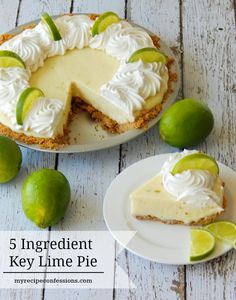 a key lime pie on a white plate with limes around it and the words 5 ingredient key lime pie