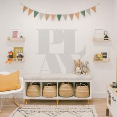 a white room with shelves and baskets on the wall