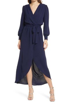 Fraiche by J Wrap Front Long Sleeve Dress | Nordstrom Chic Draped Maxi Dress For Fall, Chic Draped Midi Dress For Fall, Chic Draped Rayon Dresses, Fall Belted Maxi Dress For Date Night, Spring Draped Wrap Style Dress, Draped Faux Wrap Dress For Spring, Chic Solid Color Long Sleeve Wrap Dress, Chic Solid Colored Belted Maxi Dress, Spring Draped Faux Wrap Dress