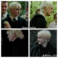 four different pictures of the same person in harry potter's school uniform, one with blonde hair and another with white hair