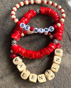 Valentines bracelet stack with crystal beads and wood plus the red glass bracelet. All are 7 inches. This can also be personalized. Red Stacked Beaded Bracelets As Gift, Red Stacked Beaded Bracelets For Gifts, Personalized Red Name Bracelet With Round Beads, Red Wooden Beads Bracelets As Gift, Wwjd Bracelet, Ladybug Jewelry, Valentines Bracelets, Bracelet Diy, Glass Bracelet