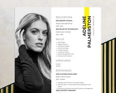 a professional resume is displayed on a white and yellow striped background, with the image of a woman's face