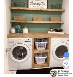 a washer and dryer in a small room with shelves above the washer