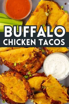 buffalo chicken tacos on a plate with ranch dressing