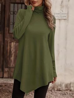 Lasaky - Womens Plus Size Long Sleeve High Neck Asymmetric Hem Tunic Top, Versatile and Stylish Plus Size Casual Wear High Neck Designs, Women's Outfits By Occasions, Wear Green, High Neck Long Sleeve, Stylish Plus, Casual Tops For Women, Asymmetrical Tops, Black White Pink, Long Sleeve Tunic