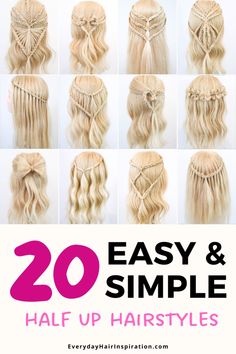 20 easy hairstyles perfect for a special occasion! Simple half up half down hairstyles for beginners! Easy Beginner Hairstyles, Easy Half Up Half Down Hairstyles, Waterfall Braid With Curls, Bridesmaid Hairstyle, Waterfall Braids