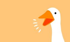 a white duck with an orange beak has its mouth open