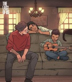 two boys are sitting on a couch playing the guitar and another boy is laying down