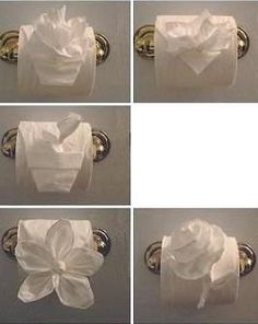 four pictures show how to wrap toilet paper in the shape of a flower and bow