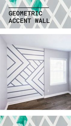 an empty room with geometric accent wall and wood flooring in the background, along with text overlay that reads how to paint geometric accent wall