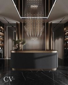 an elegant reception area with chandelier and marble flooring in black and gold tones