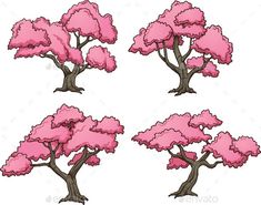 four pink trees in different stages of blooming on a white background stock photo, clipping