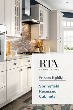 a kitchen with white cabinets and an area rug that says product highlight springfield recessed cabinets