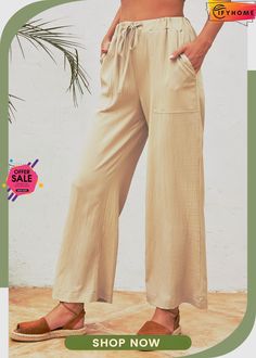 Khaki Drawstring Waist Crinkled Wide Leg Pants Casual Wrinkled Wide Leg Bottoms, Casual Summer Pants With Crinkle Texture, Casual Bottoms With Crinkle Texture For Spring, Drawstring Waist, Leg Pants, Wide Leg Pants, Wide Leg, On Sale, Free Shipping