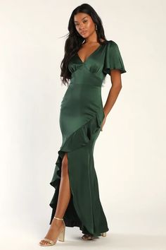 Dresses for Women | Best Women's Dresses Online - Lulus Satin Emerald Bridesmaid Dress, Green Satin Dress For Wedding, Emerald Green Dress Short, Off The Shoulder Dress Formal, 7 Bridesmaids, Green Wedding Guest Dresses, Shower Snacks, Emerald Green Dresses, Fall Wedding Guest Dress