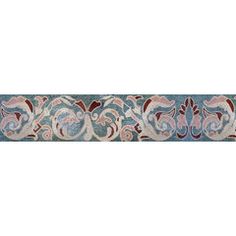 a blue and pink wallpaper border with floral designs