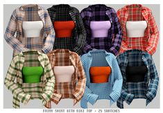 many different plaid shirts are shown in multiple colors