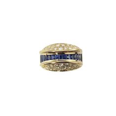 This stunning ring features baguette cut sapphires and round brilliant cut diamonds set in beautifully detailed 18K yellow gold.    Width:  12 mm.  Shank:  6 mm.  Total diamond weight:   .34 ct.  Diamond color: F-G  Diamond clarity: VS  Size: 6.76  Total sapphire weight:  .75 ct.  Weight:   7.4 dwt. /  11.5 gr.  Stamped: 750  GAI Certificate Included.  Very good condition, professionally polished.  Will come packaged in a gift box or pouch (when possible) and will be shipped U.S. Priority Mail Insured. Luxury Multi-stone Sapphire Baguette Cut Ring, Diamond Sapphire Ring With Baguette Cut Multi-stone, Diamond Multi-stone Sapphire Ring With Baguette Cut, White Gold Sapphire Ring With Multi-stone Baguette Cut, Baguette Cut Sapphire And Diamond Multi-stone Ring, Baguette Cut Multi-stone Diamond Sapphire Ring, Classic Multi-stone Sapphire Ring With Baguette Cut, Classic Sapphire Ring With Diamond Accents And Baguette Cut, Multi-stone Sapphire Ring Baguette Cut