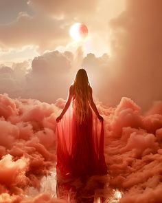 a woman in a red dress is standing on clouds with the sun shining behind her