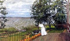 a painting of a woman standing on a balcony looking out at the water and trees