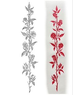 two different types of flowers are shown in red and black ink on white paper, one is