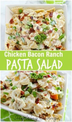 chicken bacon ranch pasta salad in a white dish with green border and text overlay