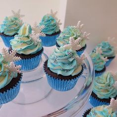 cupcakes decorated with blue frosting and white snowflakes on a glass platter