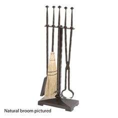 a metal rack with two brooms and some other items on it's stand