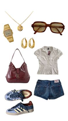 the contents of a woman's outfit including shoes, sunglasses and handbag are shown