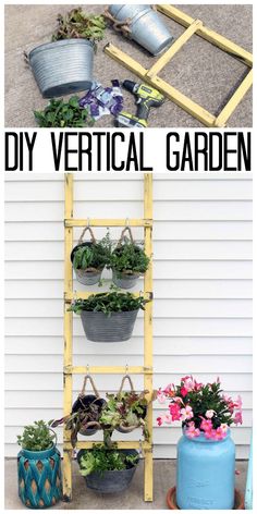 an old ladder is used as a vertical planter for potted plants in this diy vertical garden